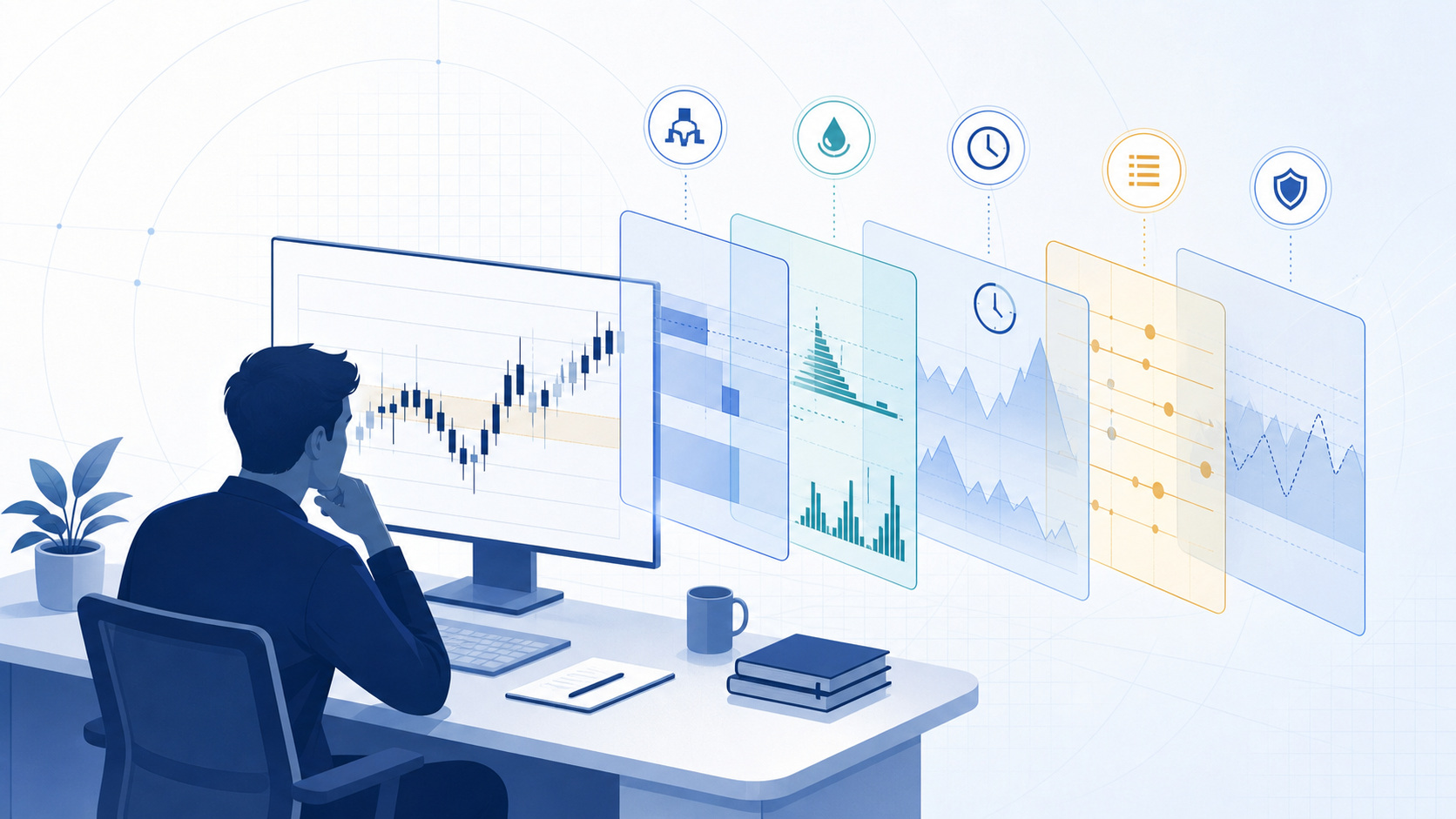Ilustrasi trader memeriksa konteks market sebelum mengambil keputusan trading