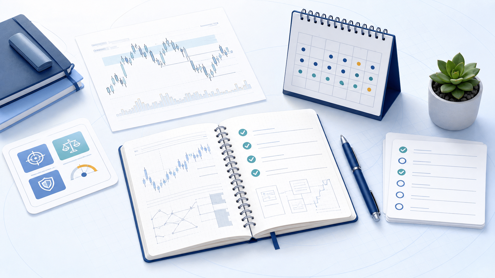 Ilustrasi alur belajar ICT dengan jurnal trading dan rencana risiko