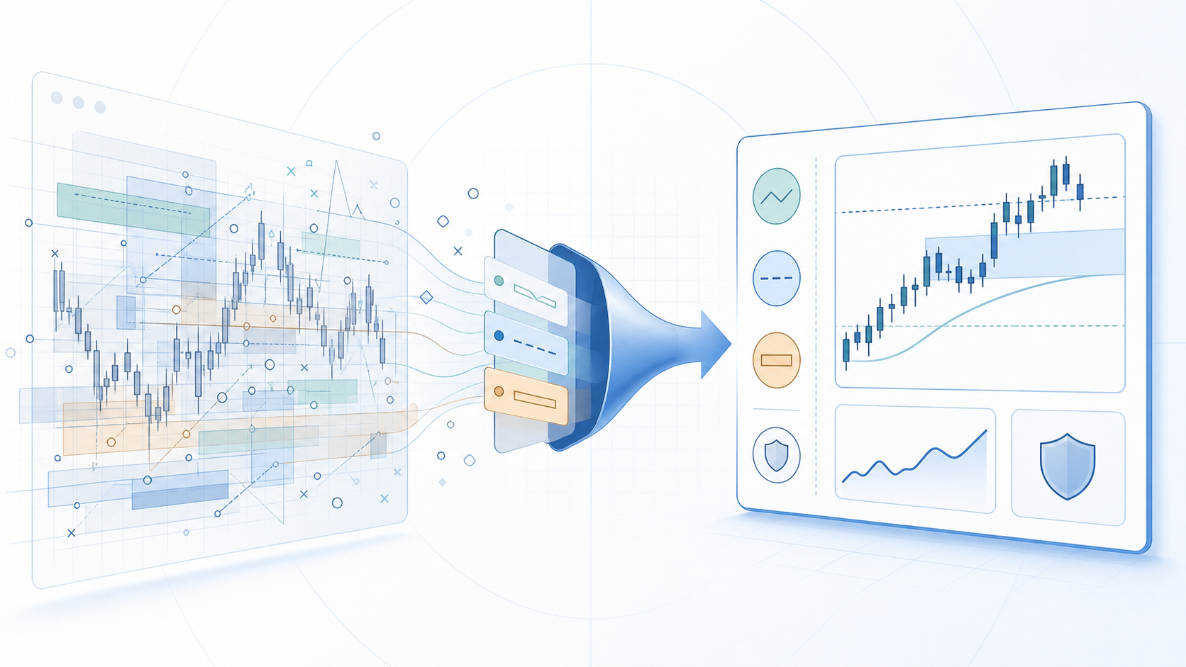 Ilustrasi perubahan dari chart yang membingungkan menjadi rencana trading yang lebih terstruktur